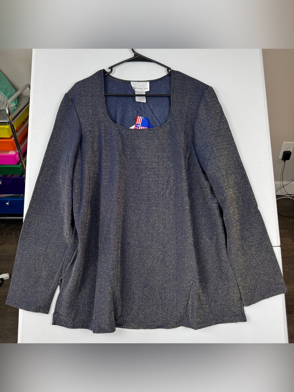 Susan Graver Shimmery Top Womens XL Navy Gold Long Sleeve Scoop Neck NWT